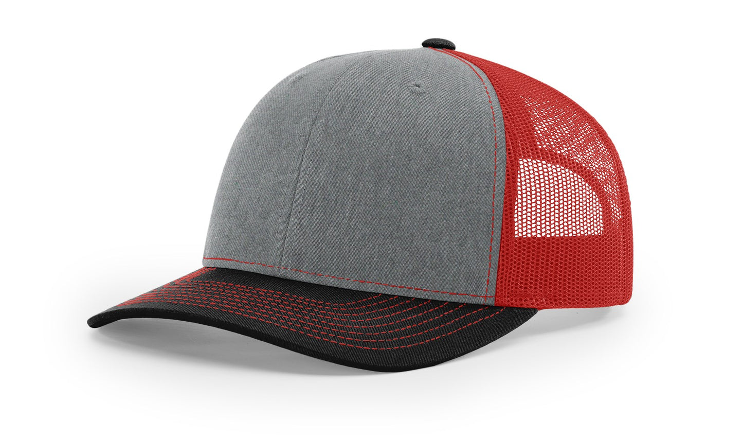 Richardson 112 Classic Trucker Snapback Cap-Tri-Tone Colorways-HeatherGrey-Red-Black