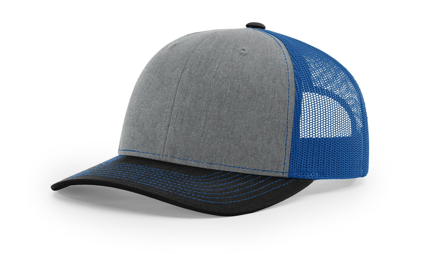 Richardson 112 Classic Trucker Snapback Cap-Tri-Tone Colorways-HeatherGrey-Royal-Black
