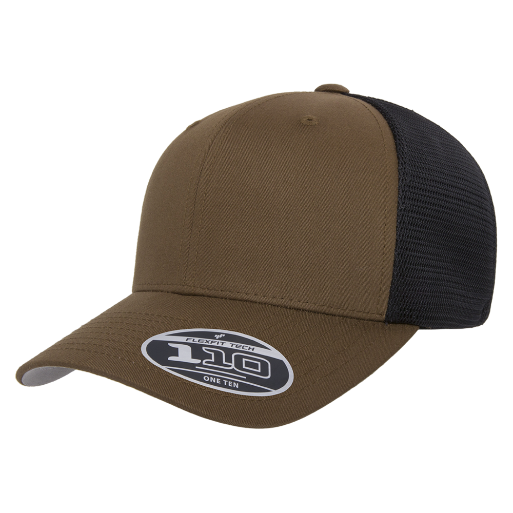 Flexfit 110 Trucker Mesh Snapback Cap-Coyote Brown/Black