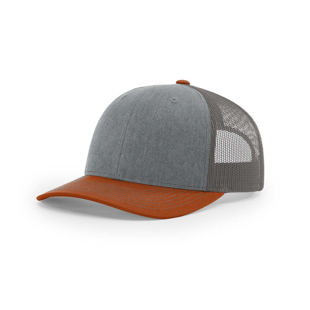 Richardson 112 Classic Trucker Snapback Cap-Tri-Tone Colorways-Heather Grey/Charcoal/Dark Orange