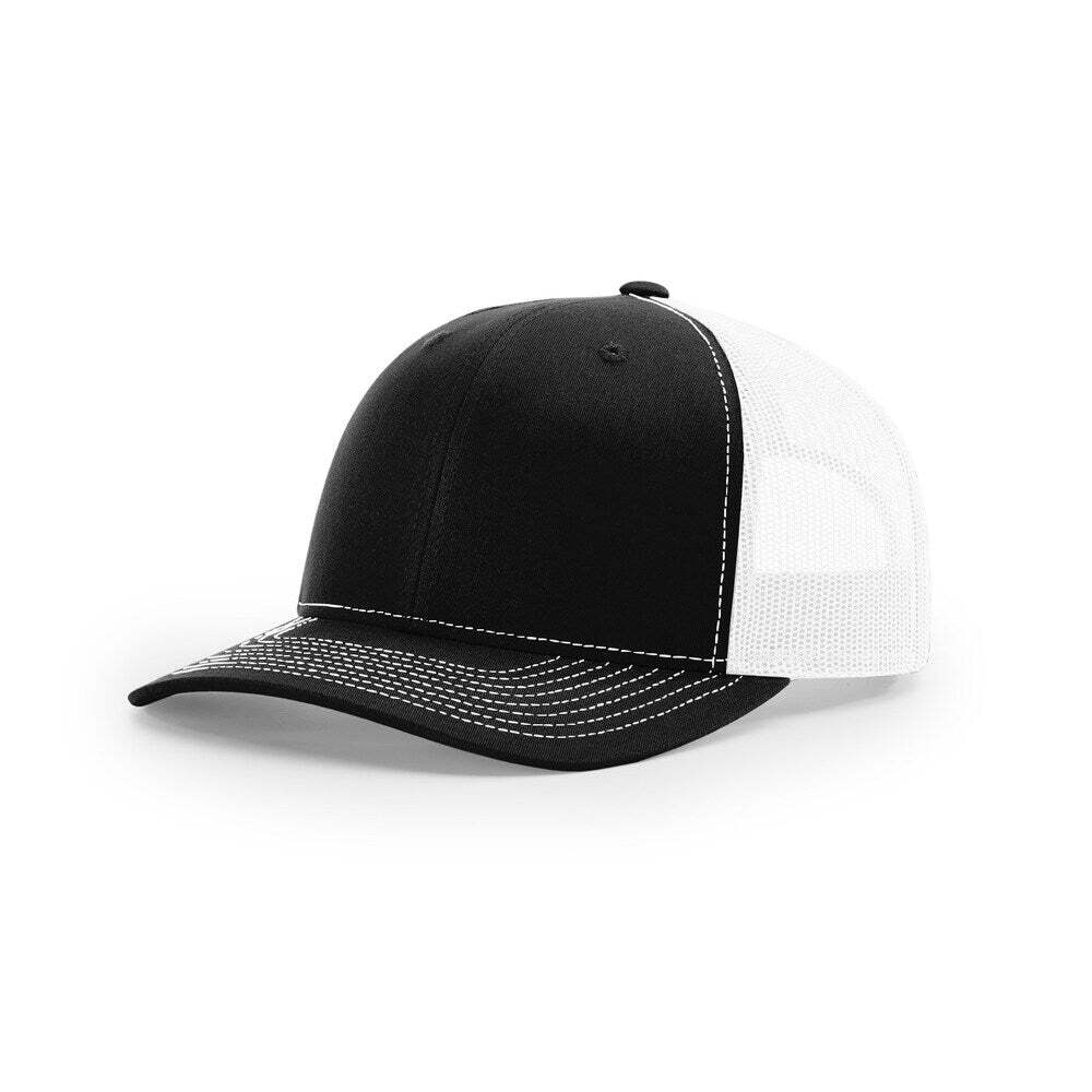 Richardson 112+ R - Flex Adjustable Trucker Hat with Elastic Sweatband Poly Stretch Mesh - Black/White