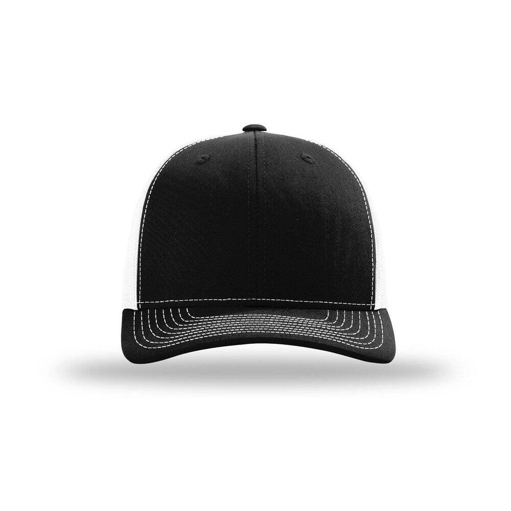 Richardson 112+ R - Flex Adjustable Trucker Hat with Elastic Sweatband Poly Stretch Mesh - Black/White