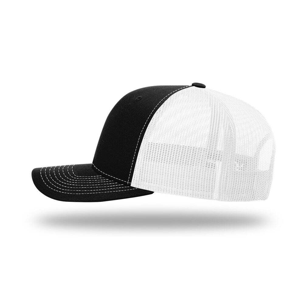 Richardson 112+ R - Flex Adjustable Trucker Hat with Elastic Sweatband Poly Stretch Mesh - Black/White