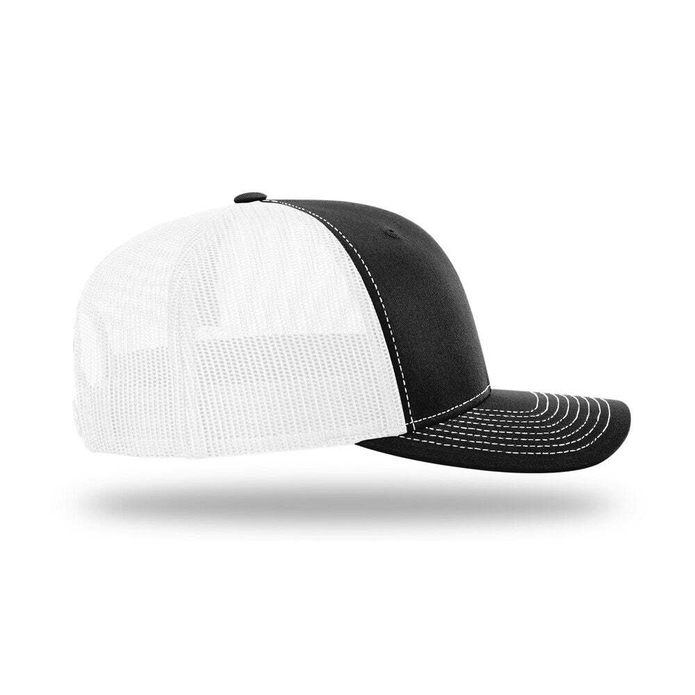 Richardson 112+ R - Flex Adjustable Trucker Hat with Elastic Sweatband Poly Stretch Mesh - Black/White