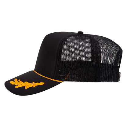 High Crown 5 Panel Mesh Back Foam Front Trucker Cap-Black/Gold W/ Oak Leaves image 1