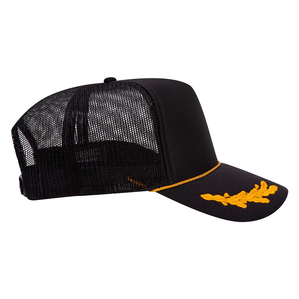 High Crown 5 Panel Mesh Back Foam Front Trucker Cap-Black/Gold W/ Oak Leaves image 2