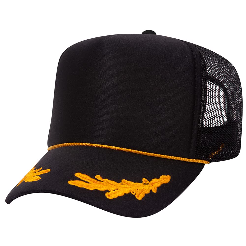 High Crown 5 Panel Mesh Back Foam Front Trucker Cap-Black/Gold W/ Oak Leaves image