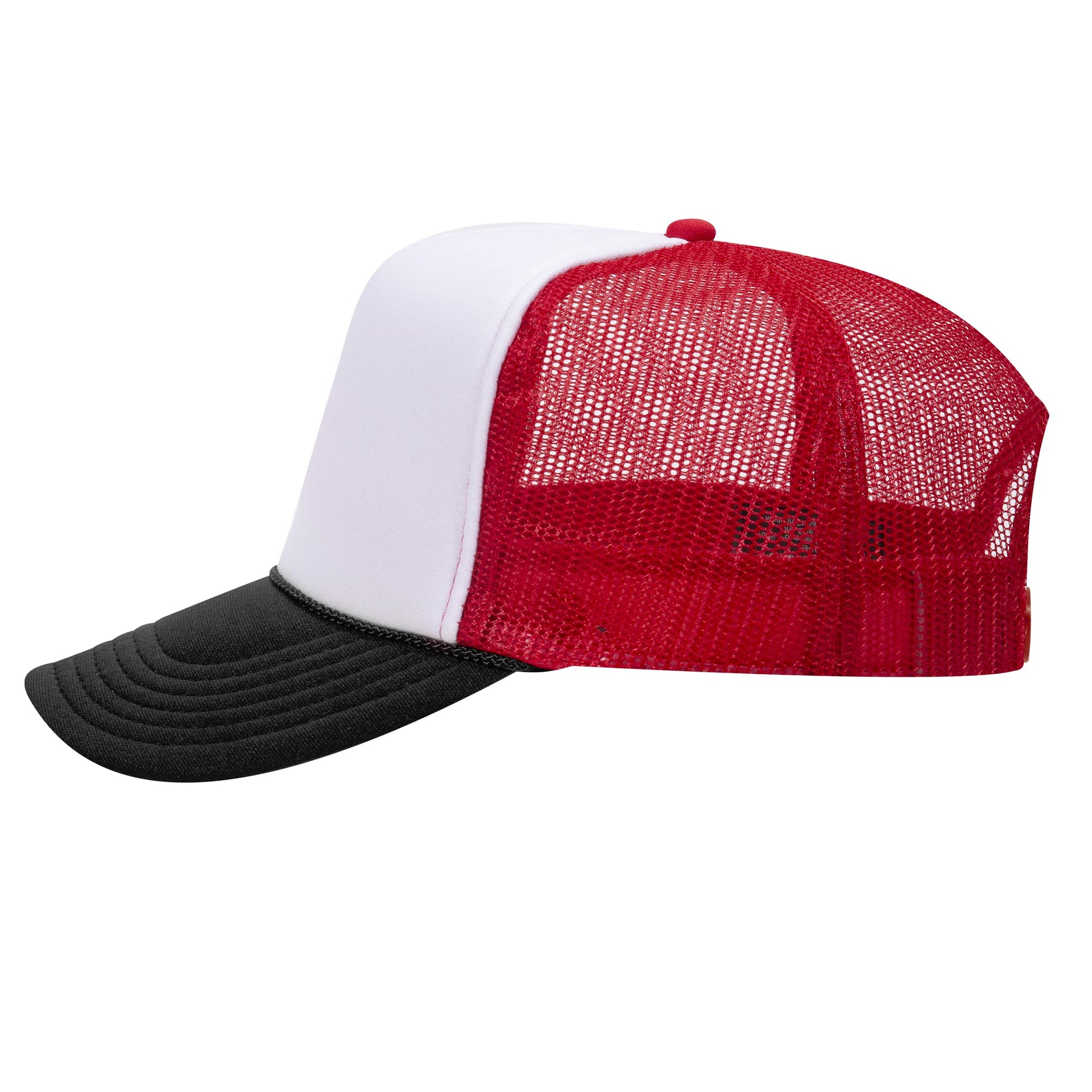 High Crown 5 Panel Mesh Back Foam Front Trucker Cap-Black/White/Red image 1