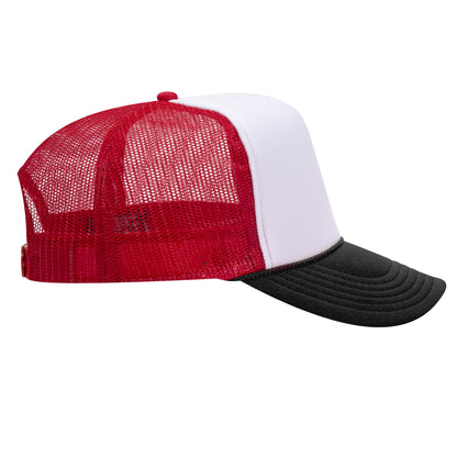 High Crown 5 Panel Mesh Back Foam Front Trucker Cap-Black/White/Red image 2