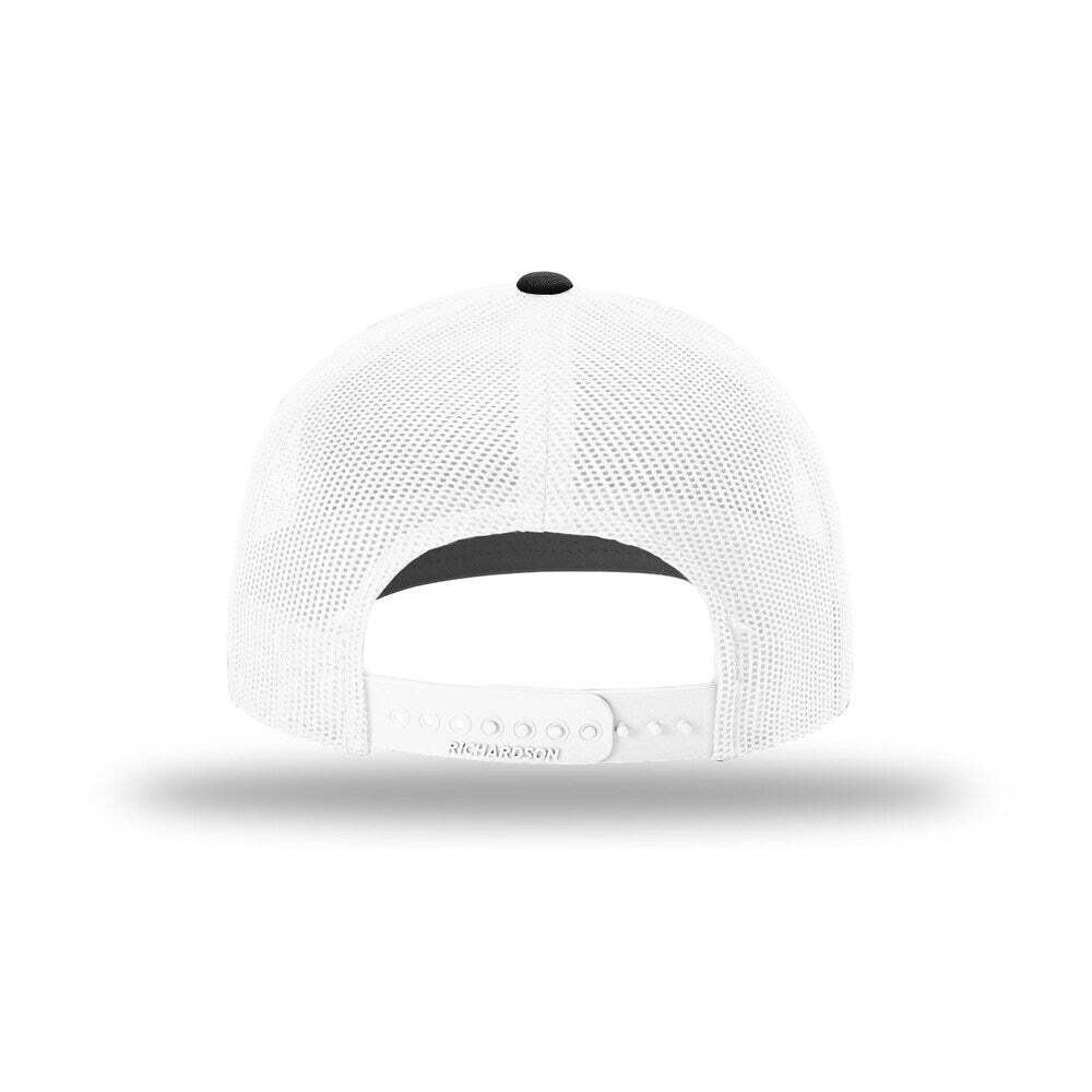 Richardson 112+ R - Flex Adjustable Trucker Hat with Elastic Sweatband Poly Stretch Mesh - Black/White